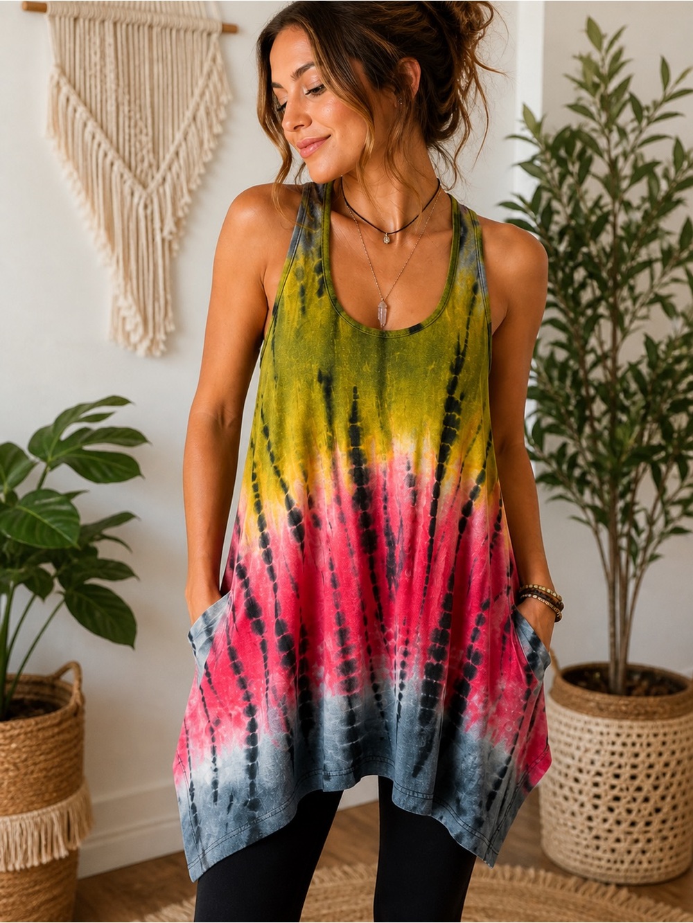 XXI Tie Dye Racerback Tank Tunic Size M Made in USA Boho Festival
